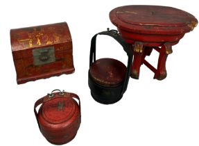 CHINESE RED CONTAINER WITH STAND, RED BOX AND TWO BASKETS (5)