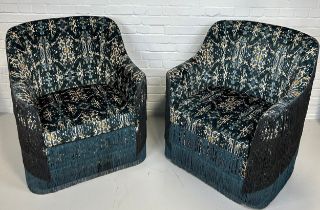 A PAIR OF DESIGNER ARMCHAIRS WITH FRINGED TASSLES UPHOLSTERED IN 'PSYCHADELIC' VELVET FABRIC, 91cm x
