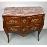 A LATE 18TH CENTURY ITALIAN BOMBE COMMODE WITH PINK VARIEGATED MARBLE TOP, Brass mounts, handles and