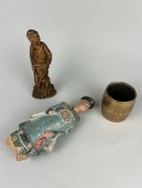 A HEAVY CHINESE BRONZE CUP POSSIBLY 18TH CENTURY ALONG WITH A CERAMIC FIGURE AND SOAPSTONE FIGURE (