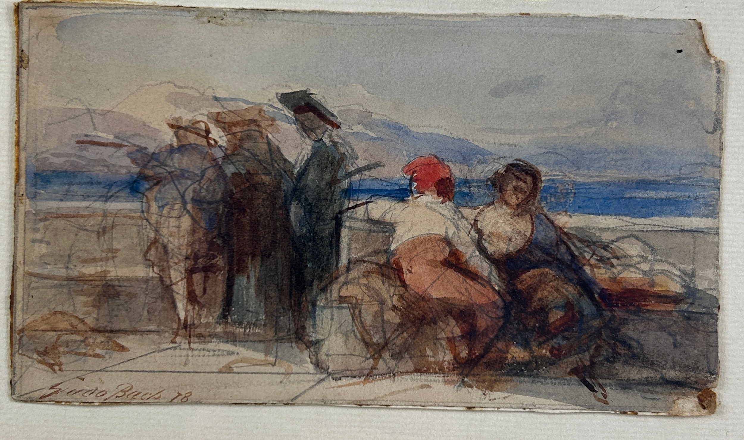 GUIDO BACH (GERMAN 1828-1905): A WATERCOLOUR ON PAPER PAINTING DEPICTING FIGURES OVERLOOKING THE - Image 3 of 6