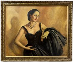 EDWARD HURST (1912-1972): AN OIL ON CANVAS PAINTING OF A LADY, POSSIBLY A DANCER, 76cm x 62cm