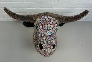 A LARGE MIXED MEDIA SCULPTURE OF A BUFFALO, 70cm x 32cm