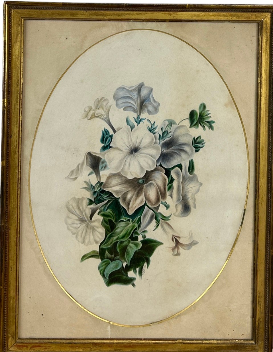 A PENCIL AND WATERCOLOUR PAINTING ON PAPER DEPICTING FLOWERS, 38cm x 28cm Oval mount, in a gilded