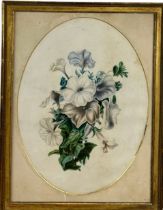 A PENCIL AND WATERCOLOUR PAINTING ON PAPER DEPICTING FLOWERS, 38cm x 28cm Oval mount, in a gilded