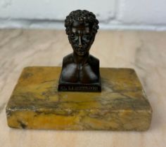 A SMALL BRONZE BUST 'EL LIBERTADOR' MOUNTED ON A SIENNA MARBLE STAND, 6cm H 10cm x 8cm with stand.