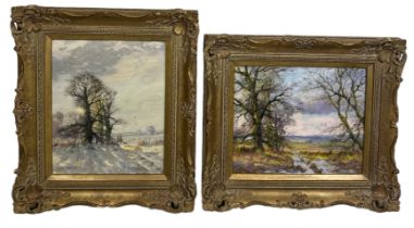 ALWYN CRAWSHAW (B.1934): TWO OIL ON CANVAS PAINTINGS, One depicting a wintry landscape in the