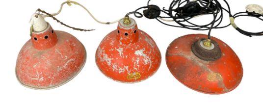 A SET OF FIVE INDUSTRIAL STYLE RED PAINTED AND GREY METAL CEILING LIGHTS, Largest 32cm D