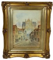 A WATERCOLOUR ON PAPER DEPICTING A CATHEDRAL, 39cm x 27cm Mounted in a frame and glazed. Signed E.