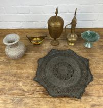 A COLLECTION OF MOSTLY ISLAMIC ITEMS, To include two brass vessels, reticulated plate, ceramic vase,