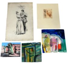 A COLLECTION THREE PAINTINGS, A DRAWING AND AN ENGRAVING, One painting signed 'Allen David '72',