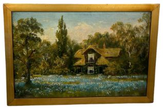 JAMES ISIAH LEWIS (1861-1934): AN OIL ON BOARD PAINTING DEPICTING QUEEN CHARLOTTE'S COTTAGE, KEW