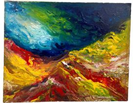 AN ABSTRACT OIL ON CANVAS PAINTING, Signed indistinctly 51cm x 41cm