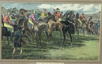 AFTER BASIL BRADLEY (BRITISH 1842-1904): 'THE DERBY AT STARTING POST' HAND COLOURED PRINT 48cm x