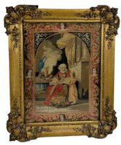 A 19TH CENTURY SAMPLER MOUNTED IN A GILTWOOD FRAME, 76cm x 60cm