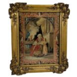 A 19TH CENTURY SAMPLER MOUNTED IN A GILTWOOD FRAME, 76cm x 60cm