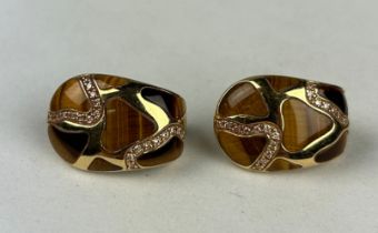 A PAIR OF 18CT GOLD, DIAMONDS AND TIGERS EYE EARRINGS, Weight: 19.7gms