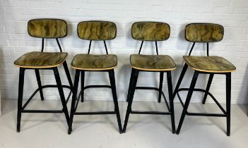 A SET OF FOUR ITALIAN MID CENTURY DESIGN BAR STOOLS UPHOLSTERED IN GREEN 'MARBLE EFFECT' FABRIC,