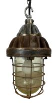 A LARGE 1950'S INDUSTRIAL HEAVY METAL CEILING LIGHT WITH GLASS SHADE, 39cm x 21cm