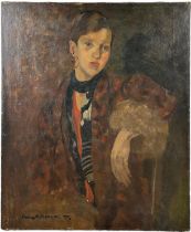AN EARLY 20TH CENTURY OIL ON CANVAS PAINTING DEPICTING A YOUNG LADY DRESSED IN A FUR COAT WITH SCARF