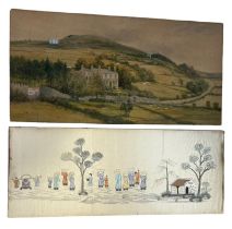 A LARGE WATERCOLOUR ON PAPER PAINTING OF A LANDSCAPE SCENE ALONG WITH A CHINESE SILK PANEL OF A