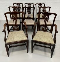 A SET OF EIGHT 20TH CENTURY CHIPPENDALE DESIGN DINING CHAIRS WITH UPHOLSTERED SEATS, 95cm x 46cm x