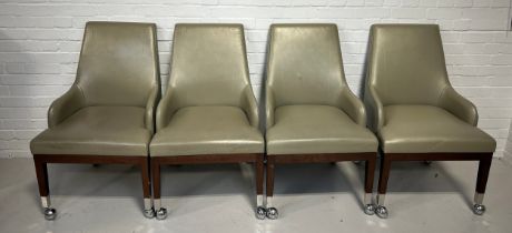 A SET OF FOUR POKER CHAIRS UPHOLSTERED IN LEATHER FABRIC RAISED ON CHROME CASTORS (4), 95cm x 58cm x