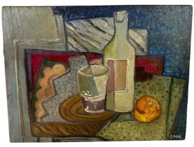 AFTER DIEGO RIVERA (MEXICAN 1886-1957): CUBIST OIL ON BOARD STILL LIFE PAINTING OF FRUIT AND