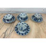 A SET OF FOUR 18TH C POSSIBLY KANGXI BLUE AND WHITE TEA CUPS AND SAUCERS (4) Cup 8.5cm x 5cm Dish