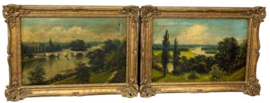 JAMES ISIAH LEWIS (1861-1934): A PAIR OF OIL PAINTINGS ON CANVAS DEPICTING A RIVER VIEW FROM