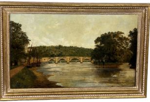 JOHN FULLWOOD (1854-1931) AN OIL ON CANVAS PAINTING DEPICTING RICHMOND BRIDGE, 76.5cm x 45.5cm