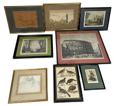 A MIXED COLLECTION OF ANTIQUE PRINTS TO INCLUDE HORSE RACING INTEREST, LANDSCAPE SCENES, DOGS, BIRDS