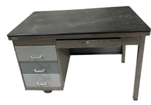 A LARGE 1950'S BELGIAN INDUSTRIAL STYLE DESK BY MEWAF, One lockable sliding central drawer and three