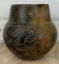 A PRE-COLUMBIAN COLIMA RED WARE VESSEL ENGRAVED WITH POSSIBLE WATER PIPEWORK SYMBOLS, 13cm x 13cm