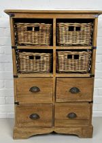 AN INDIAN TEAK STORAGE CABINET WITH FOUR WICKER BASKETS AND FOUR DRAWERS WITH METAL HANDLES, Metal
