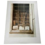 A LARGE LITHOGRAPH DEPICTING A VIEW THROUGH A WINDOW, Unknown artist, unsigned. Sheet size 102cm x