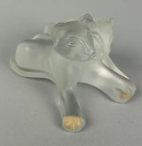 A PAIR OF LALIQUE FROSTED GLASS 'TAMBWE' LION CUBS, 12.5cm x 8.5cm x 8.5cm