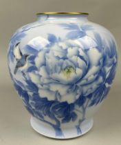 A JAPANESE PORCELAIN BALUSTER VASE DECORATED WITH BIRDS AND FLOWERS, Signed to base. 27cm x 24cm