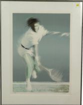 PIERRE DOUTRELEAU: A LITHOGRAPH DEPICTING A TENNIS PLAYER IN ACTION, Numbered edition 14/350. Signed