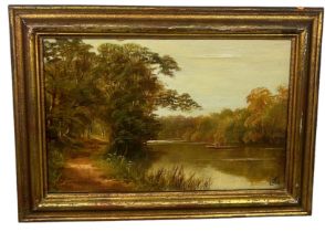 JAMES ISIAH LEWIS (1861-1934): AN OIL ON CANVAS PAINTING DEPICTING A RIVER VIEW, 40.5cm x 25.5cm