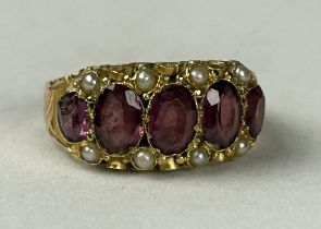 AN 18CT GOLD ANTIQUE RUBY AND SEED PEARL RING, Weight: 3.4gms