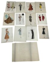 A COLLECTION OF THIRTEEN FASHION PENCIL DRAWINGS AND WATERCOLOUR PAINTINGS, Depicting ladies in