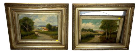 A PAIR OF OIL ON CANVAS PAINTINGS DEPICTING FIGURES ON COUNTRY PATHS, Signed "AM'. One with tear