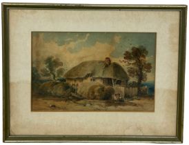 THOMAS HART FSA (1830-1916) A WATERCOLOUR ON PAPER DEPICTING A HOUSE WITH FIGURES, 26cm x 16cm