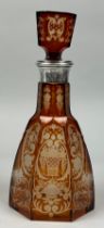AN AMBER GLASS DECANTER WITH SILVER COLLAR CIRCA 1900, Possibly Venetian, or Spanish.