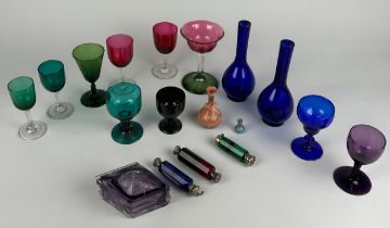 A COLLECTION OF COLOURED GLASS WARE (18) , Including some antique examples and a small vial,