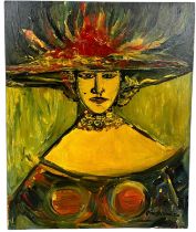 AFTER RENE PORTO CARRERO (CUBAN 1912-1985) AN OIL ON BOARD PAINTING OF A LADY, 50cm x 40cm