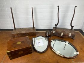 FOR RESTORATION: TWO ANTIQUE TOILET MIRRORS, WRITING SLOPE, TOBACCO JAR, SPARES AND PARTS,