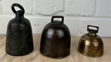 THREE CAST IRON AND BRONZE BELLS (3), Largest 12cm x 7cm