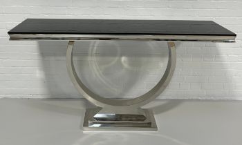 A HOLLYWOOD REGENCY STYLE CHROME TABLE WITH BLACK GLASS TOP